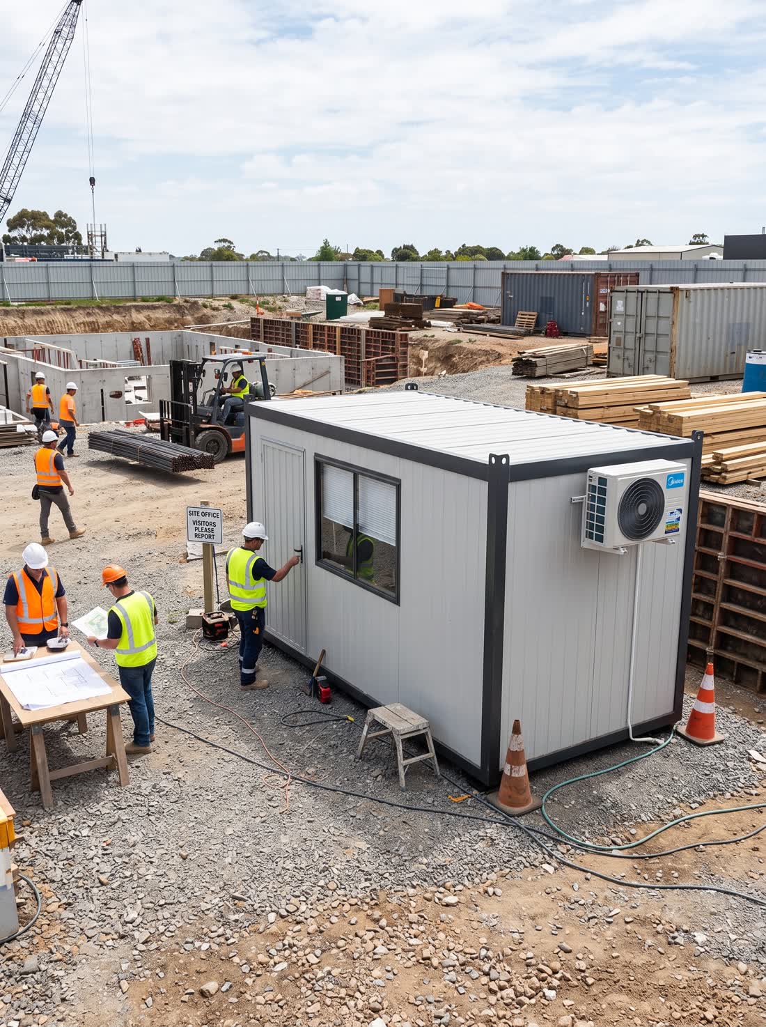 Equipe de obra trabalhando ao lado do container escritório instalado no canteiro