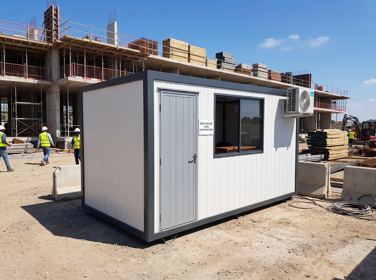 Container escritório posicionado em canteiro de obra com estrutura de concreto ao fundo