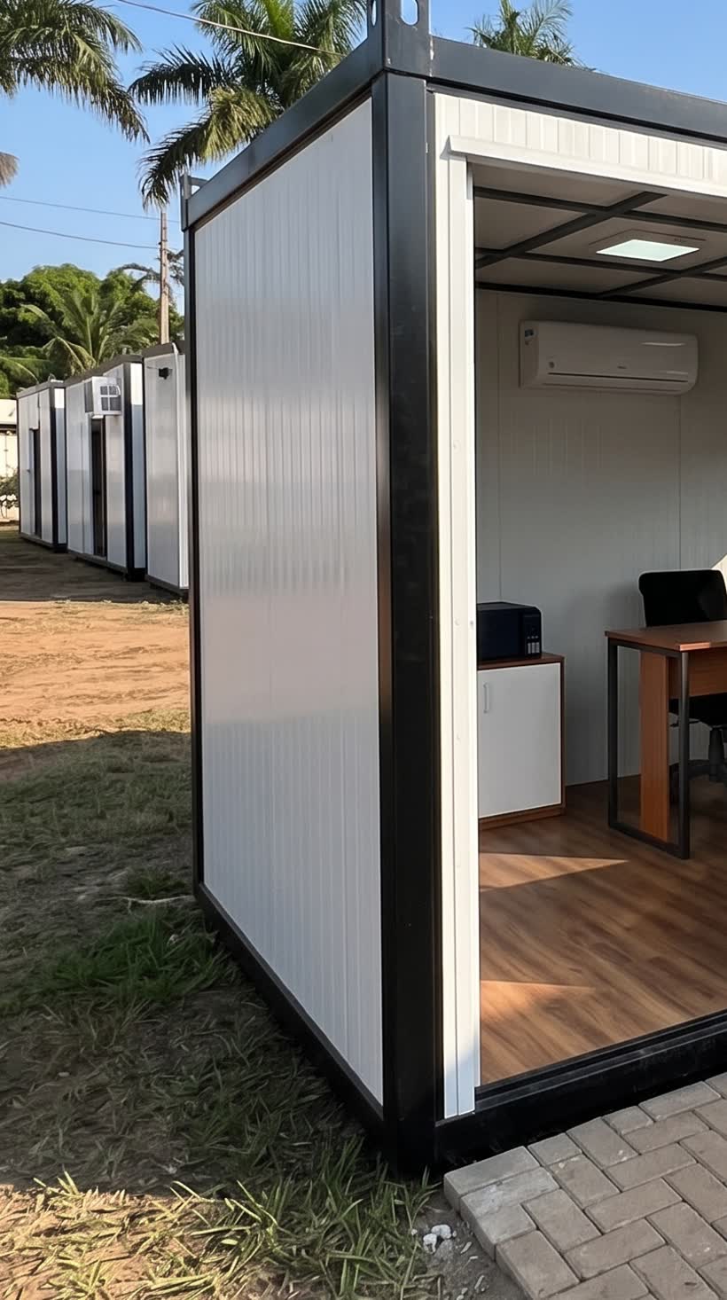 Container escritório com a porta aberta, mostrando mesa, armário e piso laminado